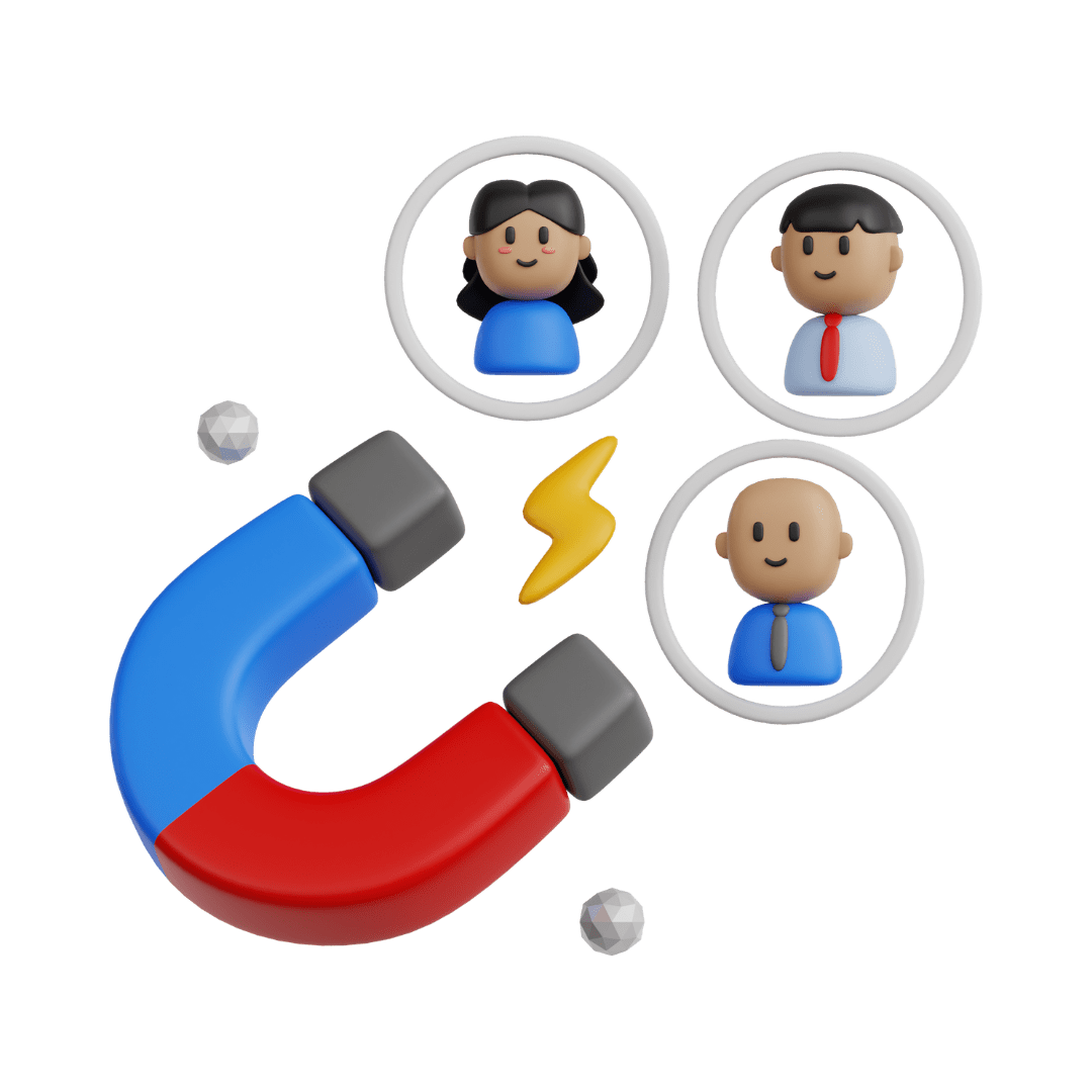 A colorful magnet attracting three diverse cartoon characters, symbolizing connection and attraction in a playful design.