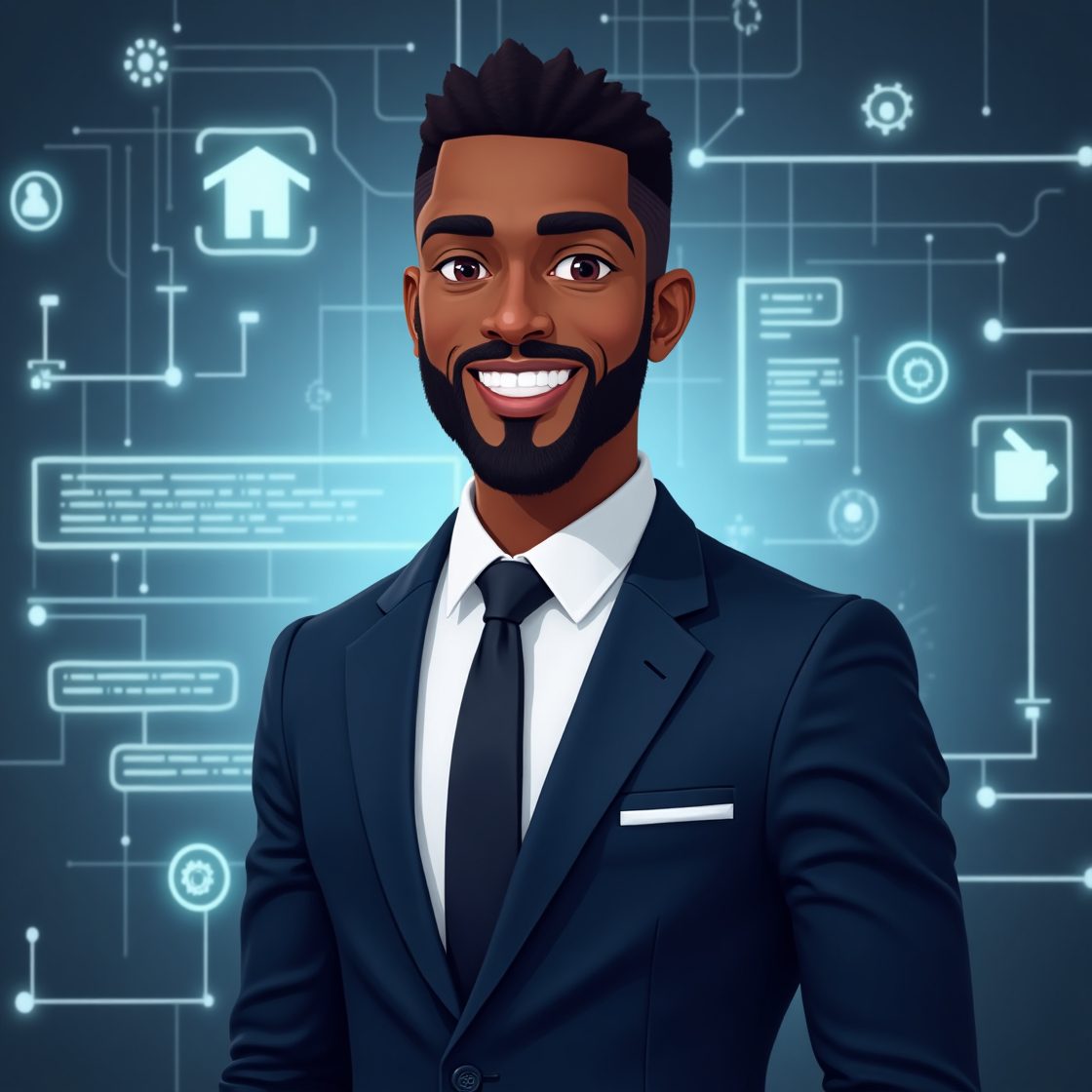 A professional man in a suit stands against a futuristic digital backdrop filled with icons and data elements, representing technology.